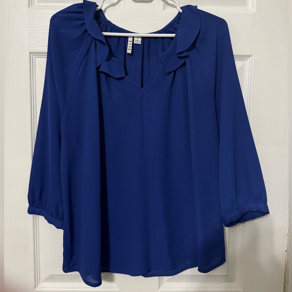 Elle Royal Blue Blouse with Ruffle Neckline. Size medium